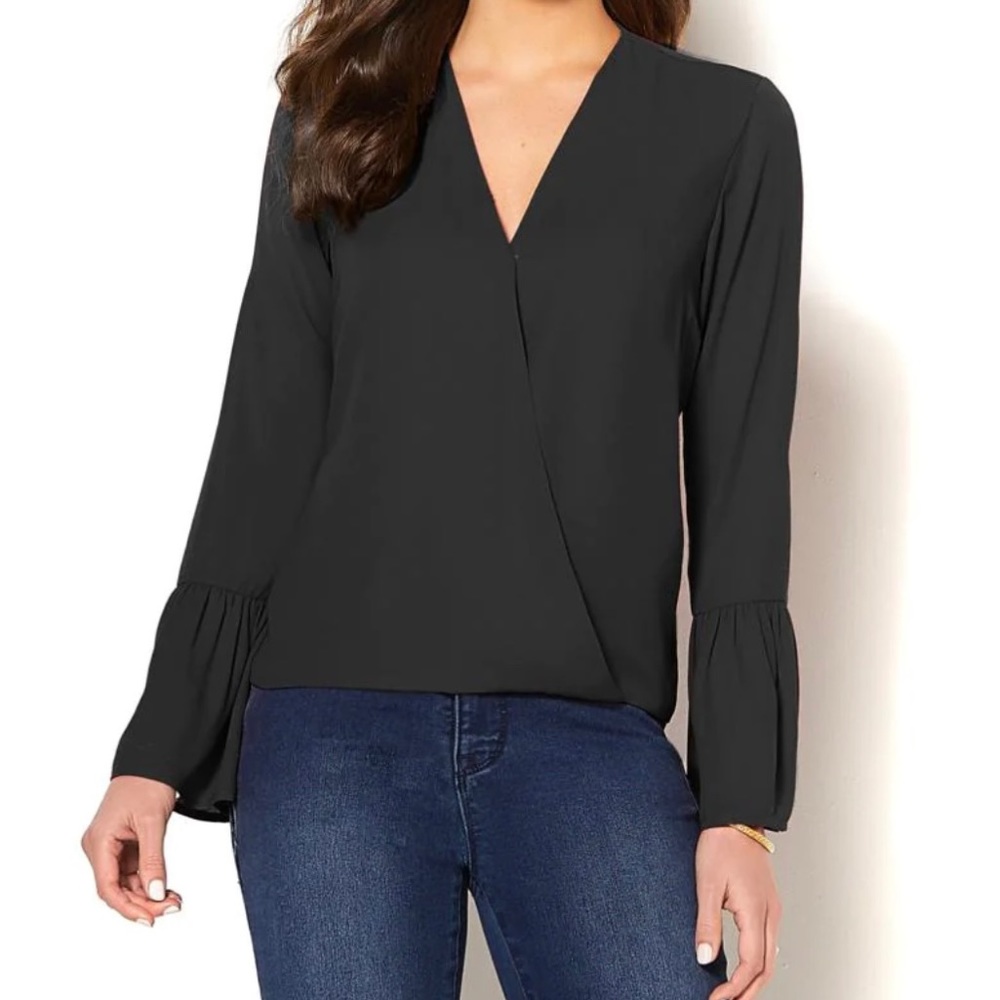 Black Luxurious Crossover Bell-Sleeve blouse